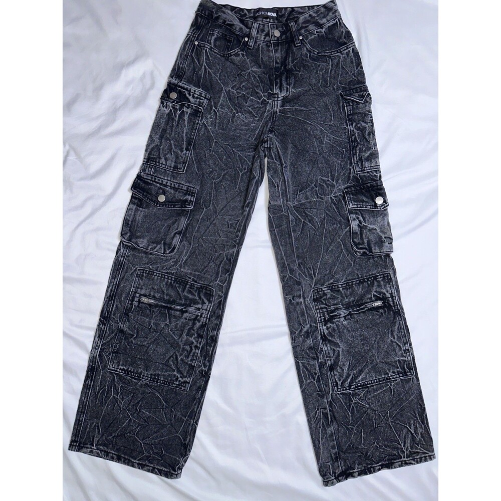 Fashion Nova Acid Wash Black Cargo Jeans Wide Leg Multi Pocket Size 3